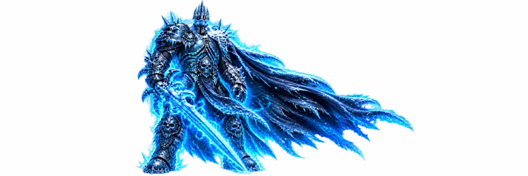 The Lich King wreathed in frost, wielding Frostmourne
